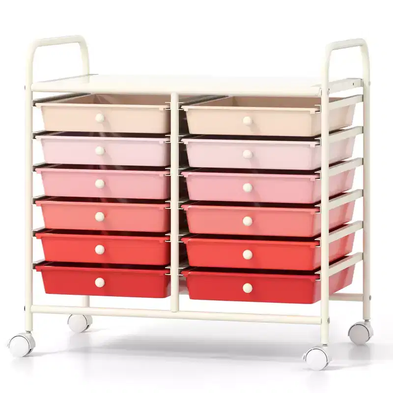 Gymax 12-Drawer Mobile Storage Cart Rolling Paper Organizer Trolley on Wheels Tabletop & Removable Storage Drawers Multipurpose Art Craft Tools Cart