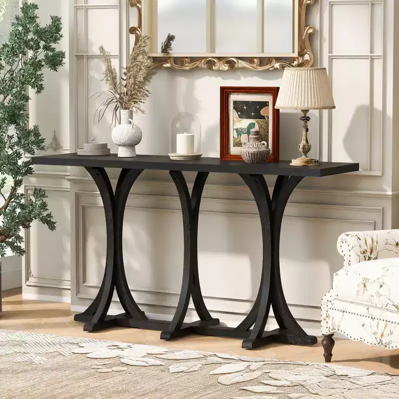 59.8'' Wooden Console Table with Oak Veneer Top, Farmhouse Entryway Table with Rubber Wood Slender Curved Legs, Black