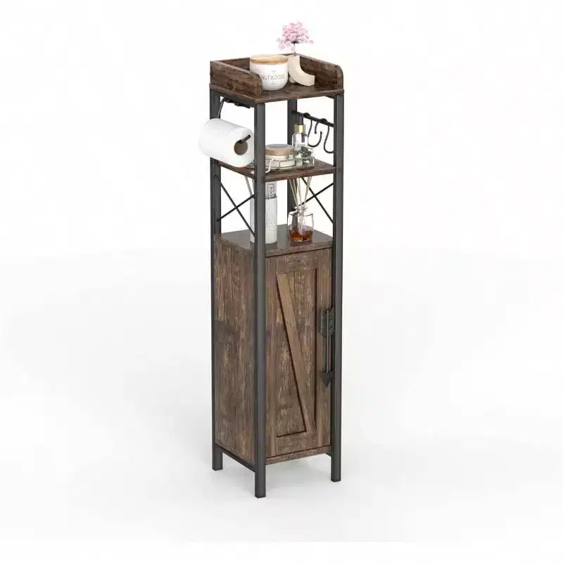 Slim Toilet Paper Holder Small Cabinet with Door 2 Shelves Fenced Top Bathroom Narrow Storage Organizer Rustic Brown