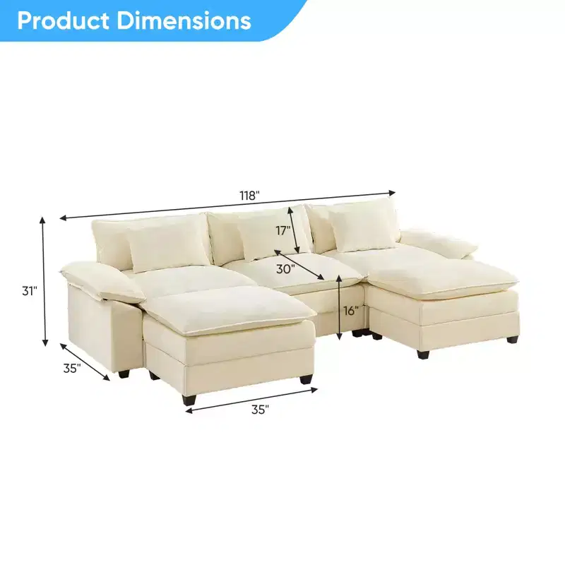 Mjkone 118''U-Shaped Modular Sectional Sofa,Chenille 5-Seat Cloud Sleeper Deep Seat Couch with Ottomans and Thickened Cushion