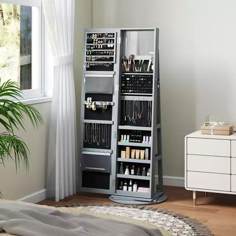 360 Swivel Jewelry Cabinet with Full-Length Mirror, Storage Shelves and Interior Small Mirror for Bedroom Living Room