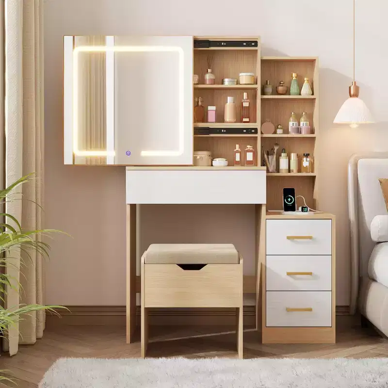 GustoWave Modern Vanity Desk Sliding Mirror 3-Color LED Lights Charging Station 4 Drawers 7 Shelves Cushioned Stool