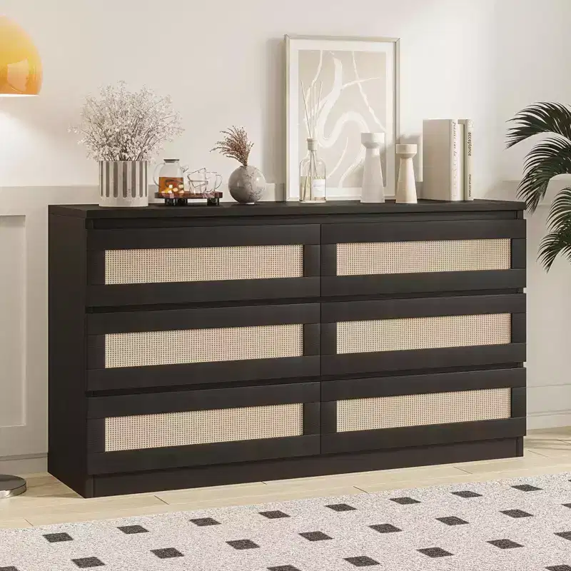 Wood Rattan 6-Drawer Double Dresser Chest
