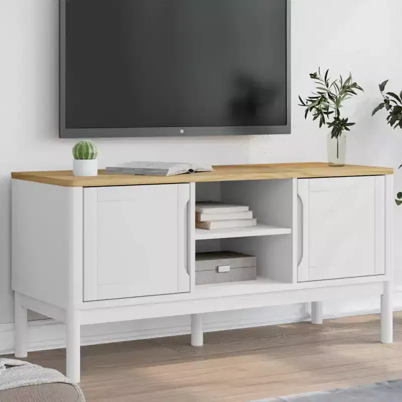 TV Stand Floro - Solid Pine Wood - Modern White Cabinet - 44.9x16.9x21.7 - Fits 51-60 TVs - Ample Storage - Ideal for Living Room