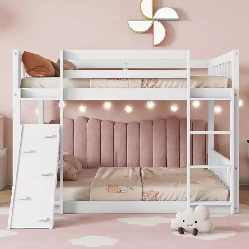 Twin Over Twin Floor Bunk Bed Playhouse Floor Bunk Bed with Climbing Ramp Ladder Safety Guardrails White