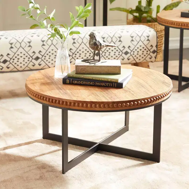 Industrial Round Wood and Metal Coffee Table, Brown