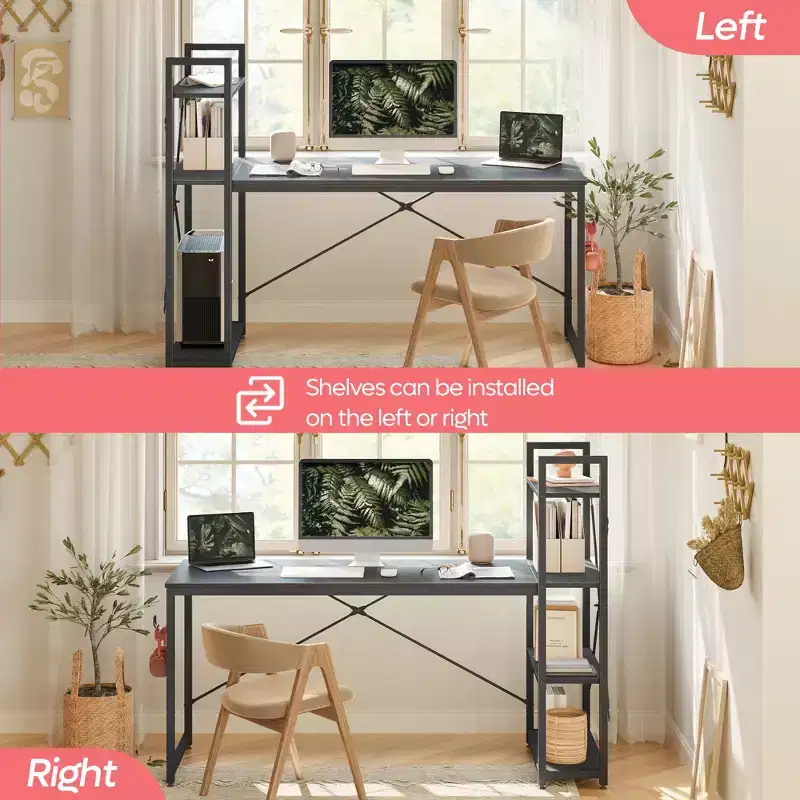 Bestier 63''Computer Desk with Shelves Storage and Oak Earphone Hook,Home office desk with 4 Tier Shelves & Adjustable Feet & Reversible Bookshelf