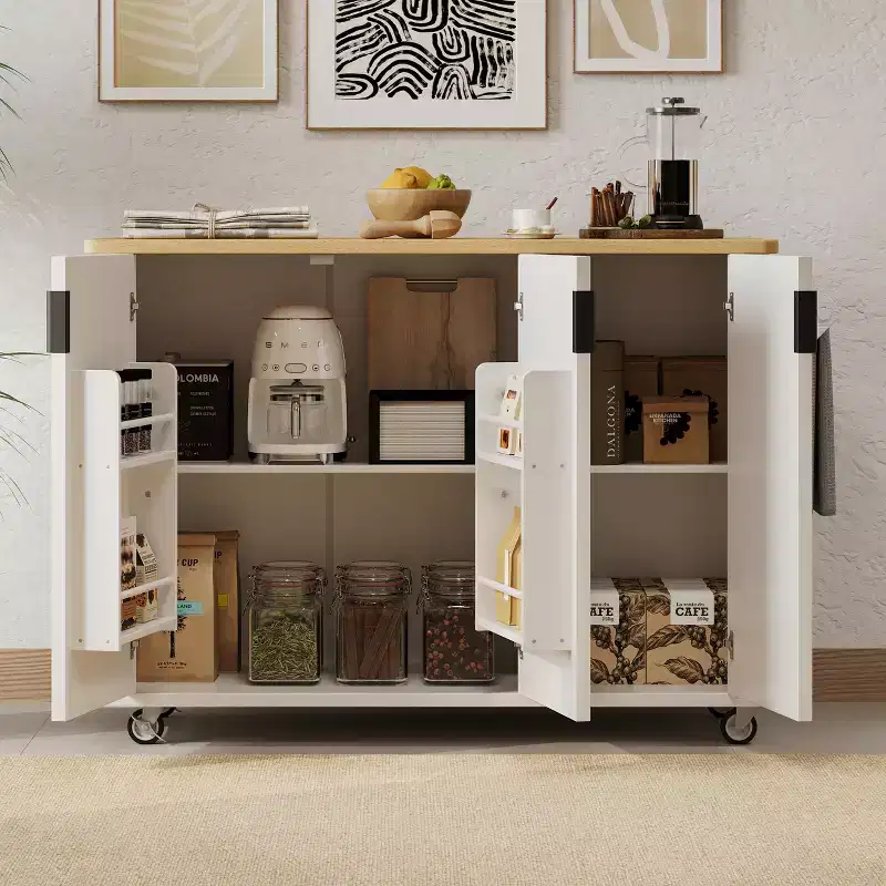 51-inch Recessed Farmhouse-Style Kitchen Island with Folding Table Top Towel Rack and Rolling Cart, Suitable for Kitchens, White Ash Wood