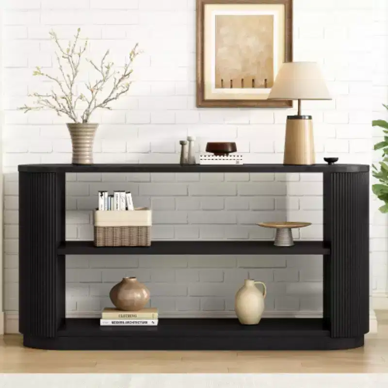 58.9 Modern Entryway Console Table, Slim Sofa Table with Open Shelf, Wood Grain Finish Hallway Table for Living Room - Panipeachy