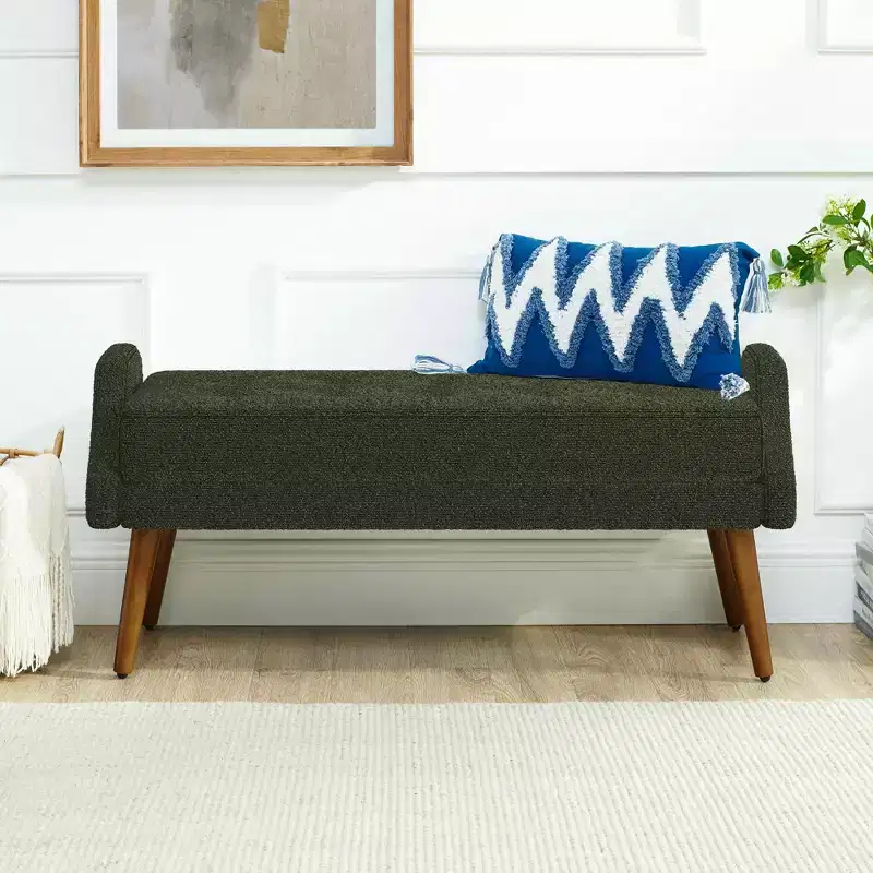 Modern Living Room Bench Looped Yarn Fabric with Soft Cunshion Irregular Geometric Armrests Rubber Wooden Legs Green