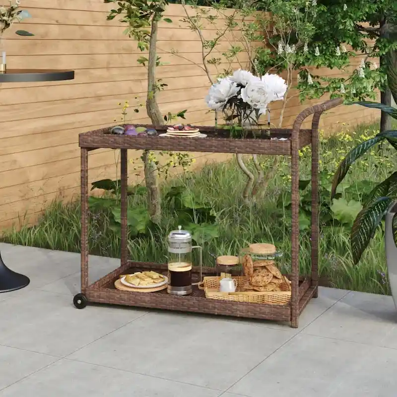 vidaXL Outdoor Bar Cart 2-Tier Serving Cart Rolling Utility Cart PE Rattan - 39.4 x 17.7 x 32.7