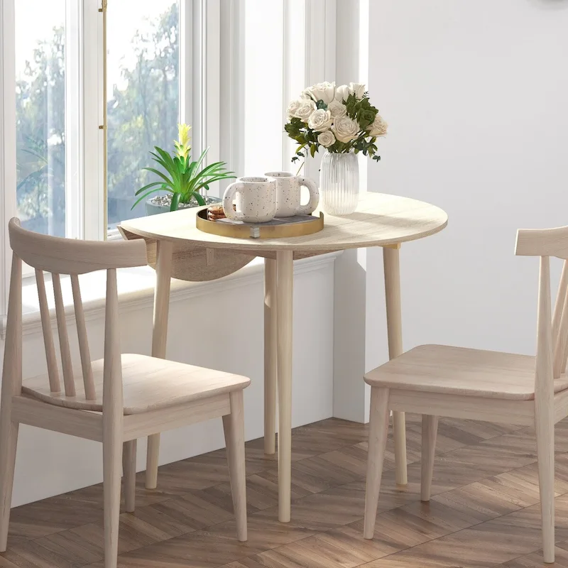 35in Round Folding Dining Table, Collapsible Drop Leaf, Solid Wood Legs, Space-Saving Small Kitchen