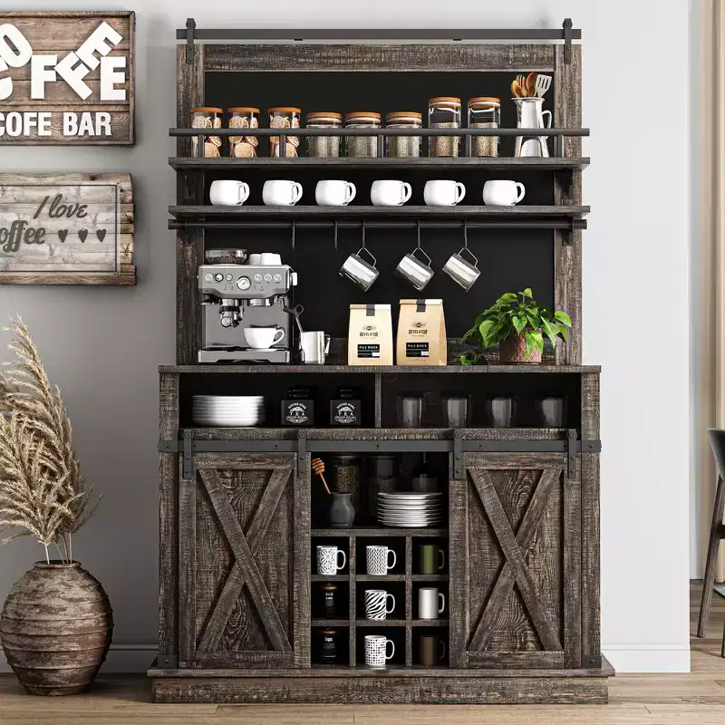 Coffee Hutch Cabinet Farmhouse Coffee Bar Cabinet 75 Tall Buffet Cabinet with Storage Large Bar Cabinet with Sliding Barn Door Dining Room