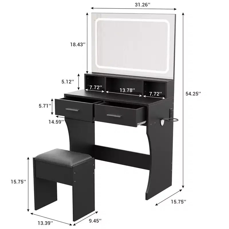 Vanity Desk with Mirror, Makeup Vanity Table Set with Drawers, Stool, Wood Make Up Dressing Table