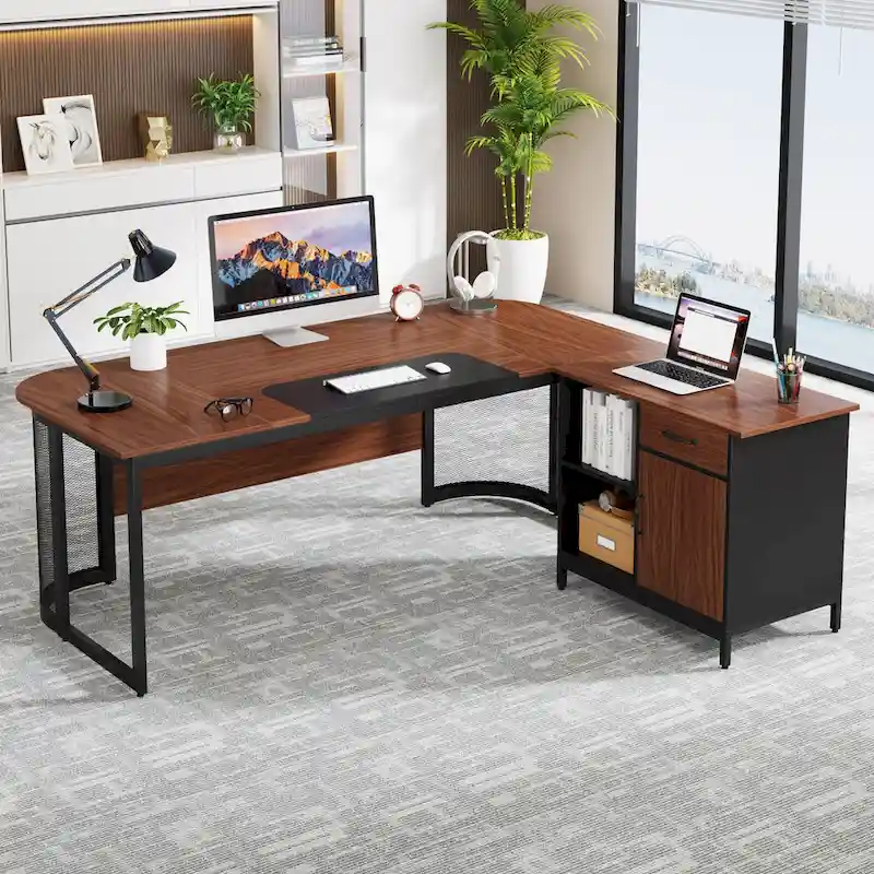 Large 63 L-Shaped Executive Office Desk with 31 File Cabinet