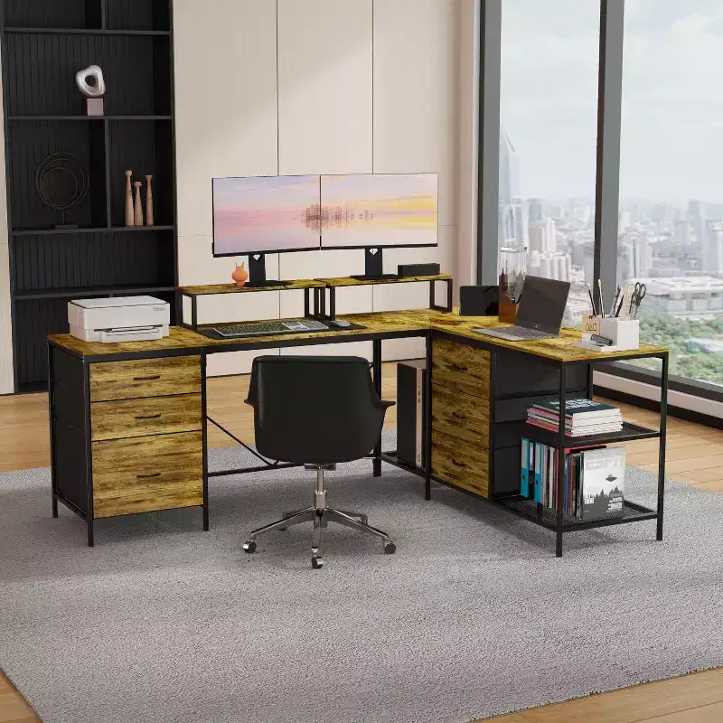 Okak 114IN Industrail L-Shaped Office Desk, Computer Desk with 6 Drawers, 3 Shelves and Movable Monitor Stands, Desk for Home, Office, Brown