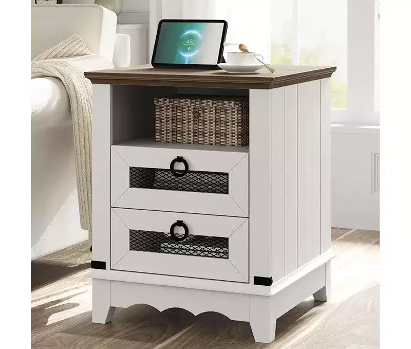 24 Farmhouse Side Table with Charging Station, 2 Drawers, Wooden Sofa Nightstand for Living Room and Bedroom