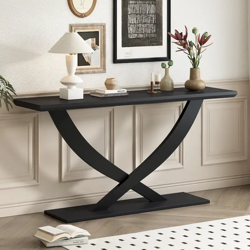 Rustic Console Table with Cross-Leg Design – Black / Brown, 1-Unit