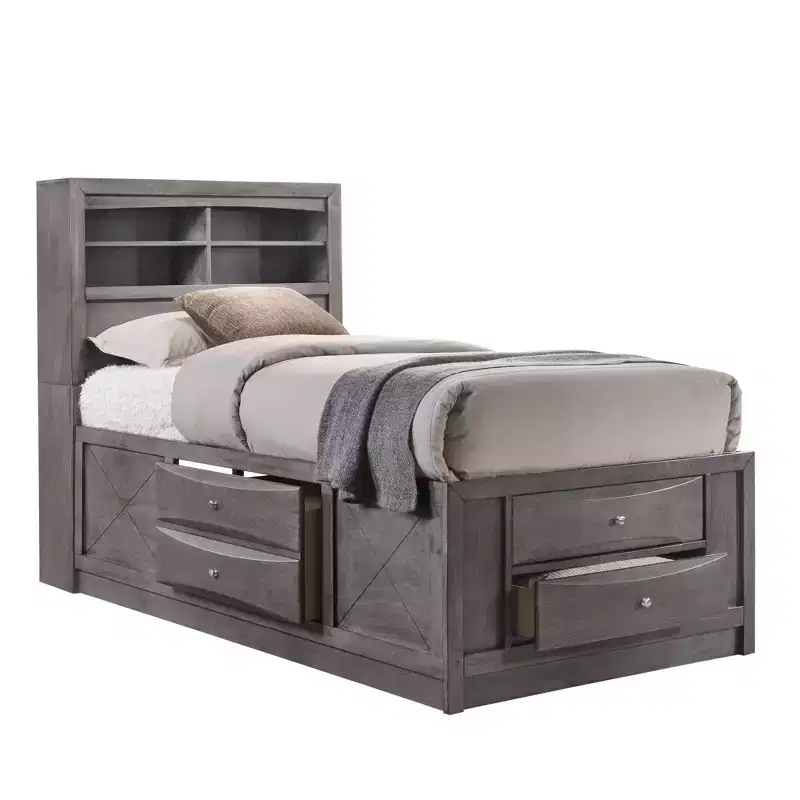 Gray Storage Platform Bed with Headboard Storage & Built-In Drawers – 500 lb Capacity