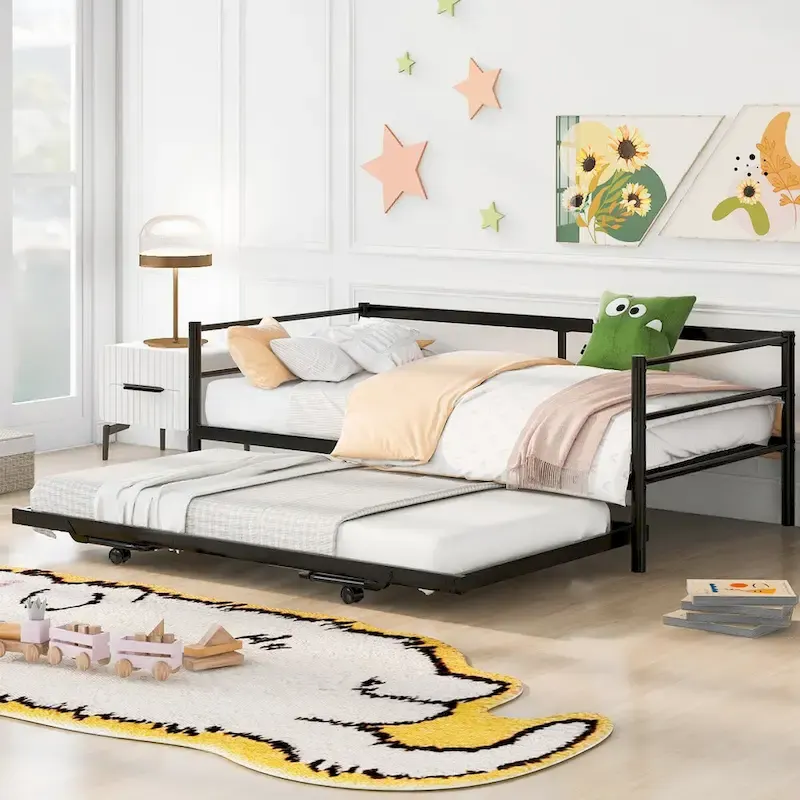 Black Industrial Metal Twin Daybed with Adjustable Pop-Up Trundle