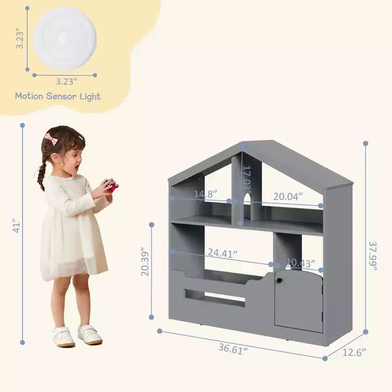 COZONY 2-Tier Kids Bookshelf & Toy Storage Organizer with Motion Sensor Light, Wooden Book Rack for Playrooms, Classrooms, and Kids Rooms