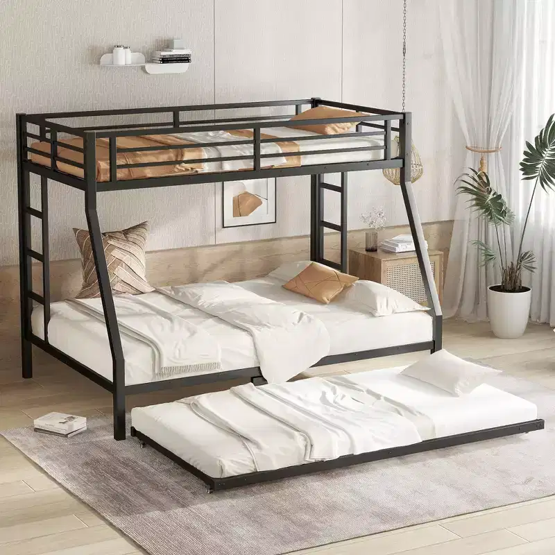 Twin over Full Metal Bunk Bed with Twin Size Trundle Black
