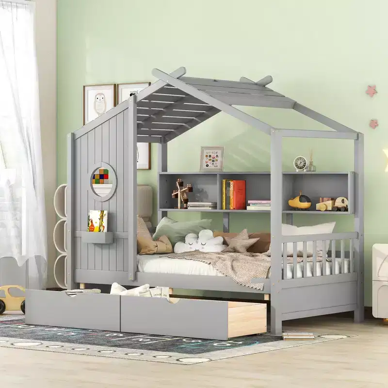 Twin/Full Size Wooden House Bed with 2 Drawers, Kids Bed with Storage Shelf - ModernLuxe