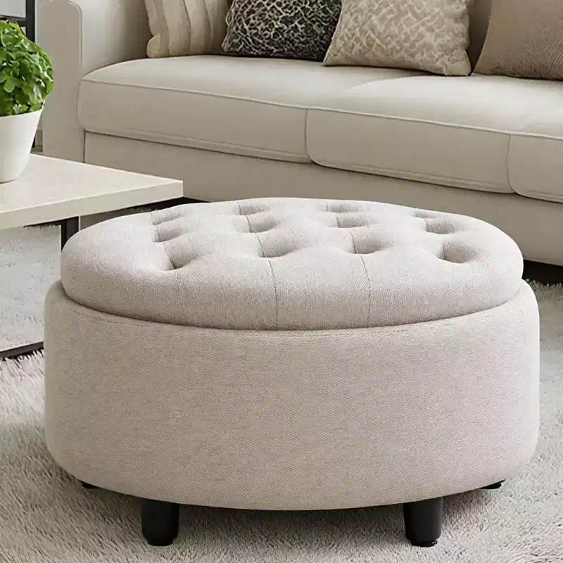 3-in-1 Round Fabric Storage Ottoman  25x25 Reversible Tray Lid, Footrest & Small Coffee Table with Hidden Storage
