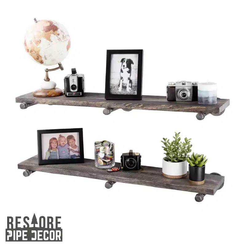 RESTORE Boulder Black 36 in. Shelves with Straight Brackets by Pipe Decor