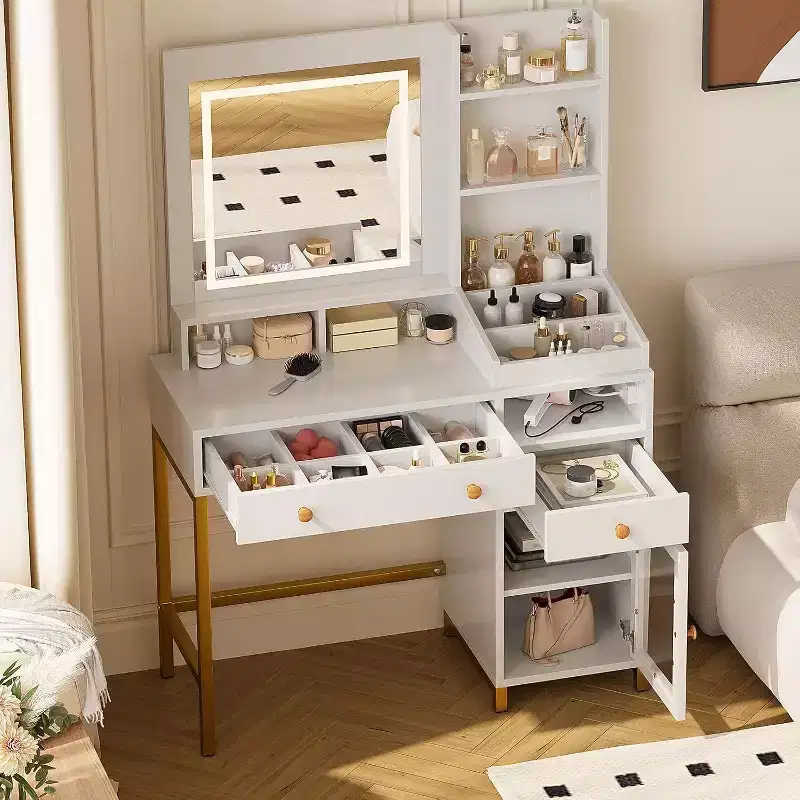 Acekool Vanity Desk with Lighted Mirror, Power Outlet, Acrylic Cabinet, 2 Drawers, Open Storage Shelves, 3-Color LED, Makeup Table, White