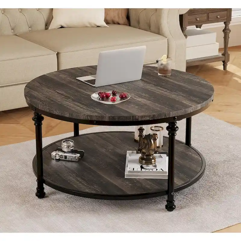 Round Coffee Table with 2-Tier Shelf, 30.31