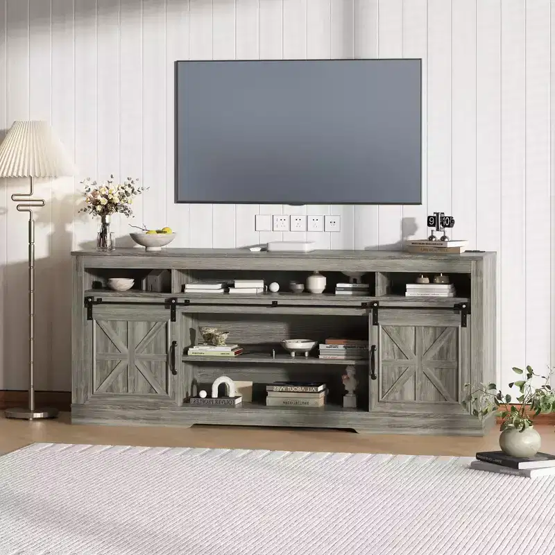 Farmhouse TV Stand for 75 Television, Entertainment Center with Semi-Open Storage & Barn Doors, Media TV Console Table with Adjustable Shelf