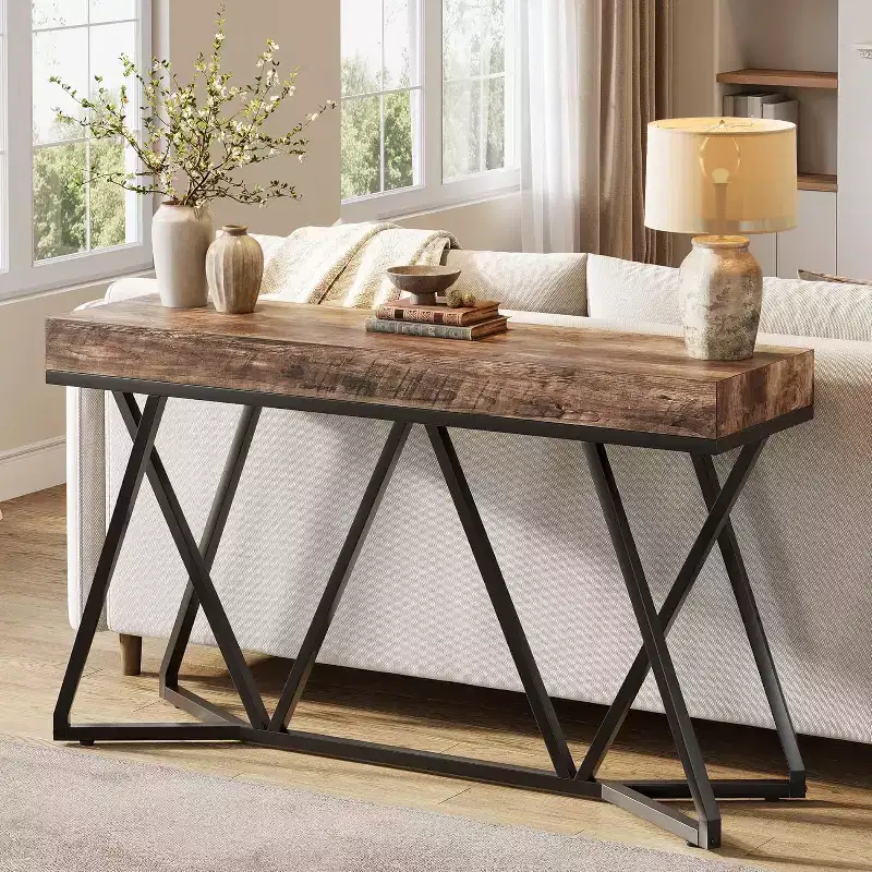 Lantine 55 Console Tables for Entryway, Industrial Wooden Sofa Table, Entryway Furniture with Geometric Metal Base for Living Room, Hallway