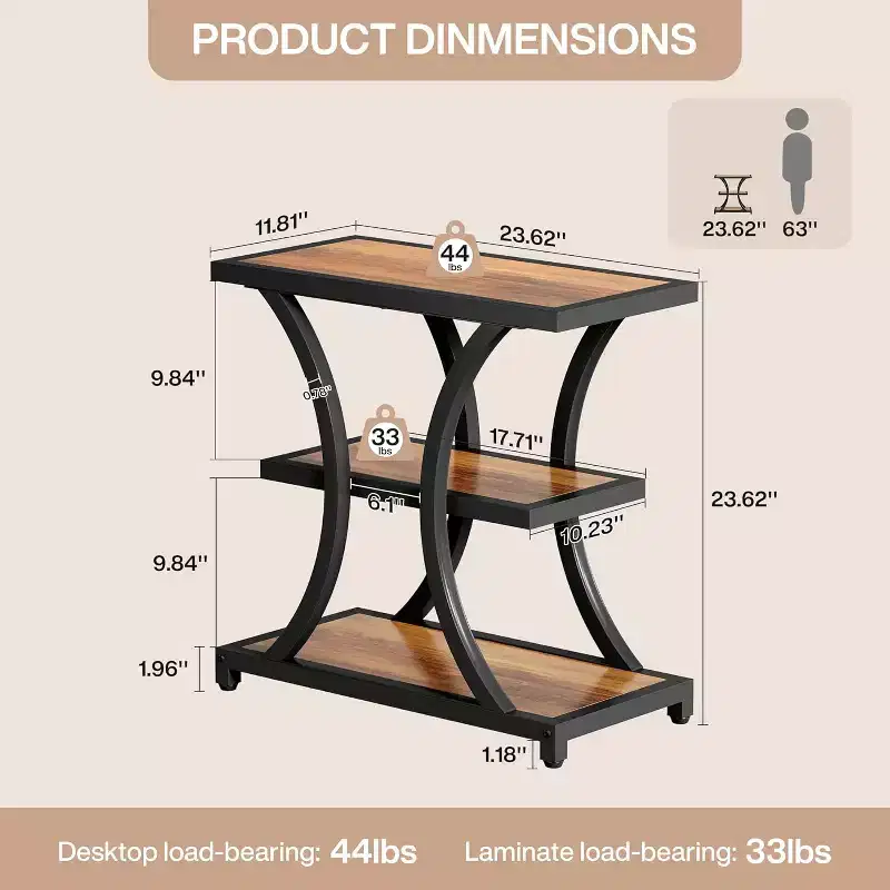 3-Tier End Table with Storage, with Geometric Metal Design, Industrial Nightstand for Living Room, Bedroom