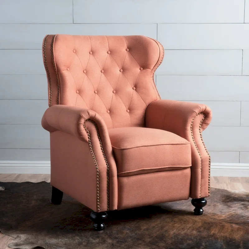Tufted Nailhead Fabric Push-Back Recliner – Birch Frame, 300 lb Capacity