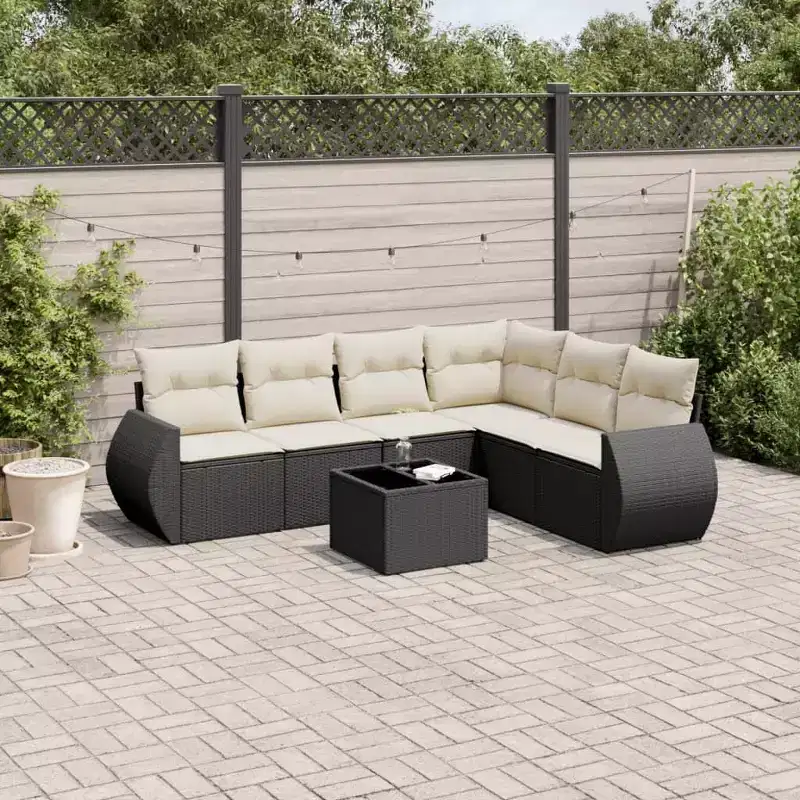 vidaXL 7 Piece Patio Sofa Set with Cushions Black Poly Rattan