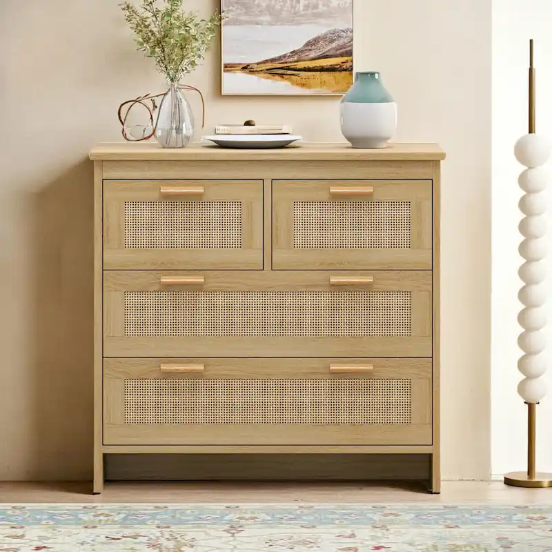4 Drawers Rattan Cabinet,for Bedroom,Living Room,Dining Room,Hallways,Easy Assembly