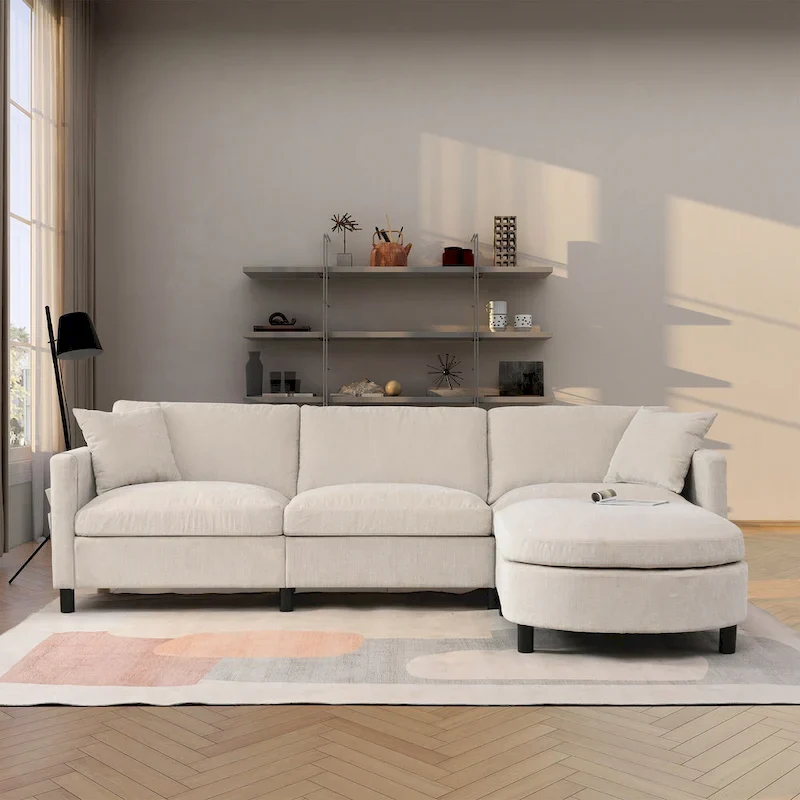 Beige Fabric 4-Seater Sofa with Movable Ottoman
