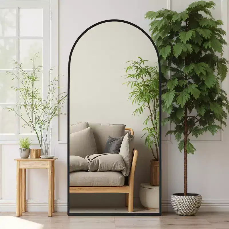 Aluminum Alloy Thin Edged Right Angled Arched Black Full-Length Mirror 180x96x1.5cm (With Bracket)