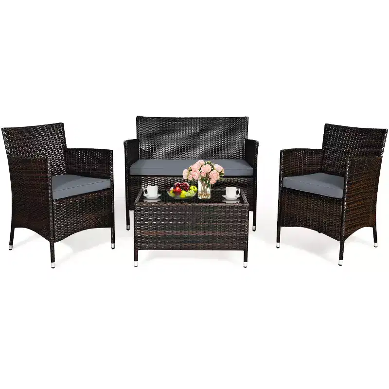 Costway 4PCS Outdoor Patio Rattan Furniture Set Table Shelf Sofa W/ Turquoise/Red/Gray Cushion