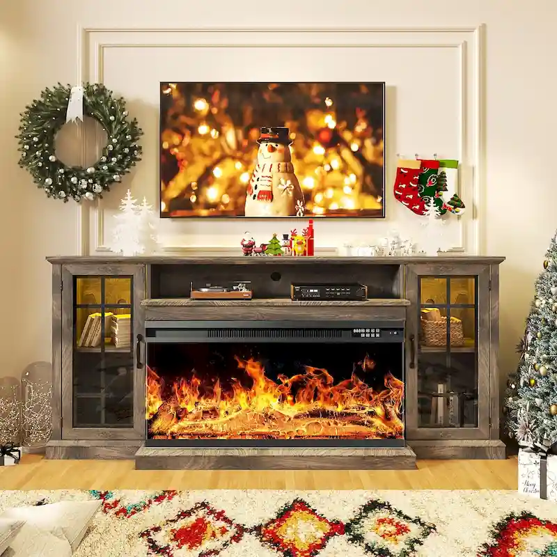 36 Inch 3-Sided Glass Fireplace TV Stand for TVs up to 80