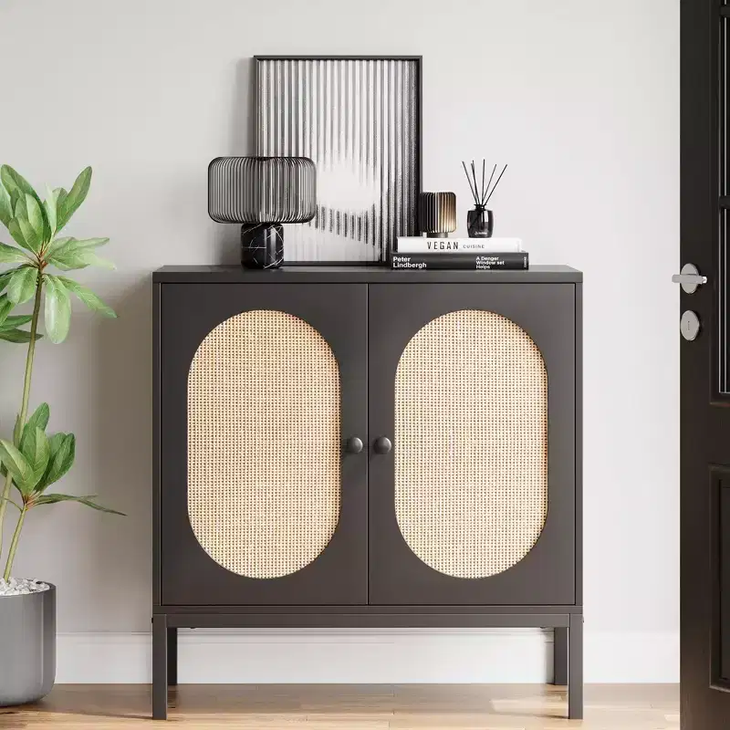 CuisinSmart 31.5'' Sideboard Buffet Cabinet with Rattan Wicker, Kitchen Cabinet with 2 Rattan Doors, Kitchen Cabinets for Kitchen Dining Room