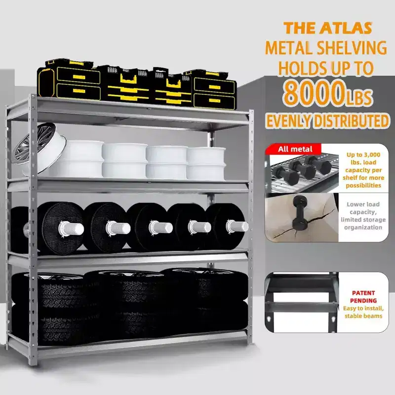 Atlas Shelving 4-Tier 72x24x72 Heavy Duty Garage Shelving Load 8000lbs Gray Vein: Steel, Adjustable & Fixed Shelves, Rust-Resistant