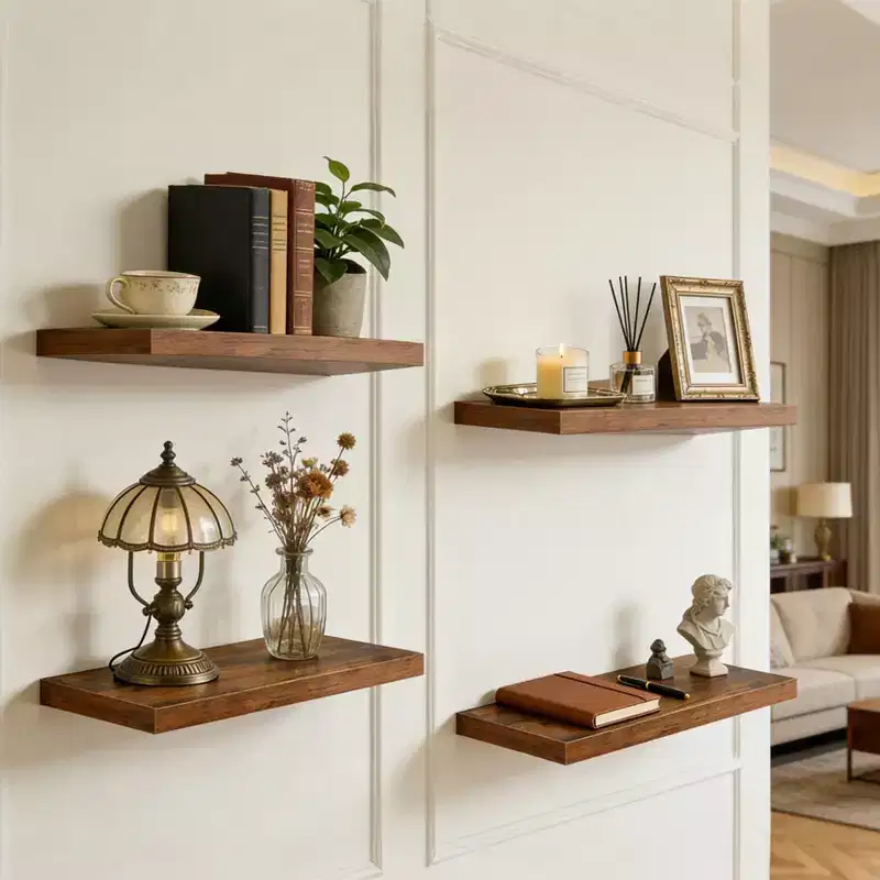Floating Wall Shelves, Rustic Wall Mounted Shelves with Metal Brackets, Wood Display Shelves for Bedroom, Living Room, Bathroom, Plants & Decor