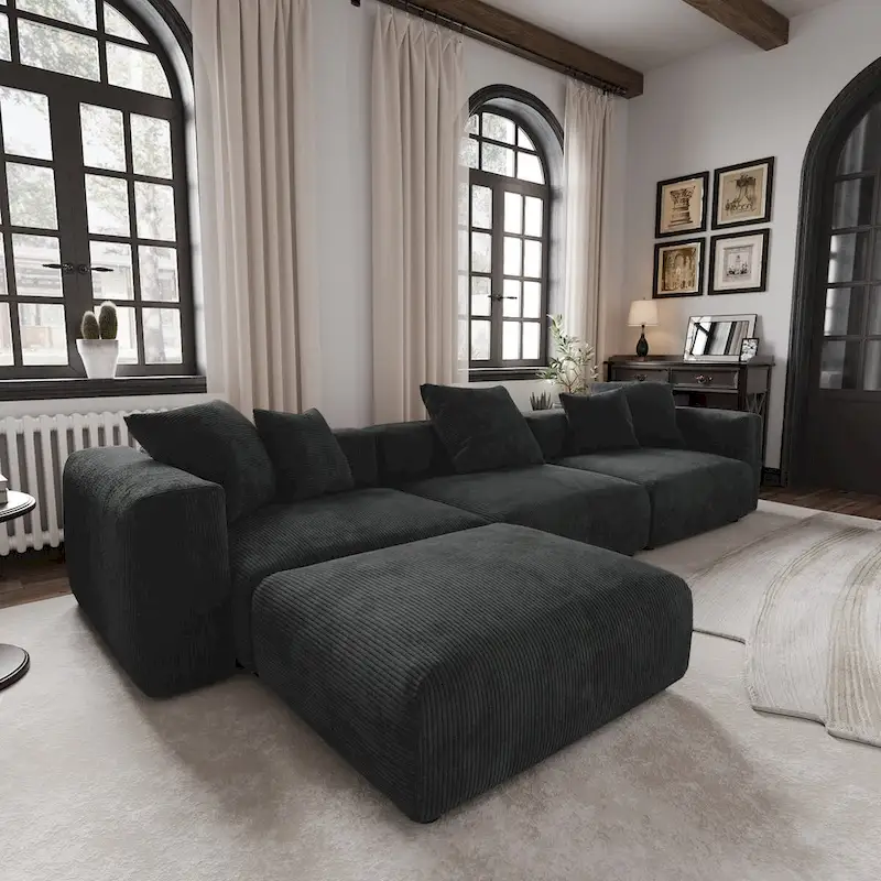 Modern Sectional Couch Sofa with 5 Pillows, Luxurious Modular Sectional Couch with Chaise Ottoman
