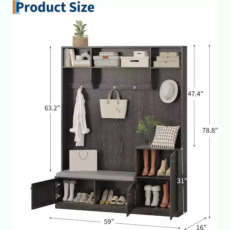 Hall Tree with Bench and Shoe Storage, 3-in-1 Farmhouse Entryway Bench with Coat Rack, 4 Hooks, 4 Shoe Cubbies & 3 Open Compartments, for Home