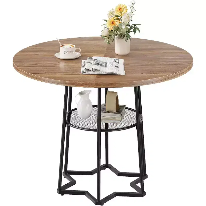 38 Round Dining Table with Hexagon Metal Base, Wooden Tabletop and Lower Storage Shelf, Compact Farmhouse Style Table for Kitchen, Living Room