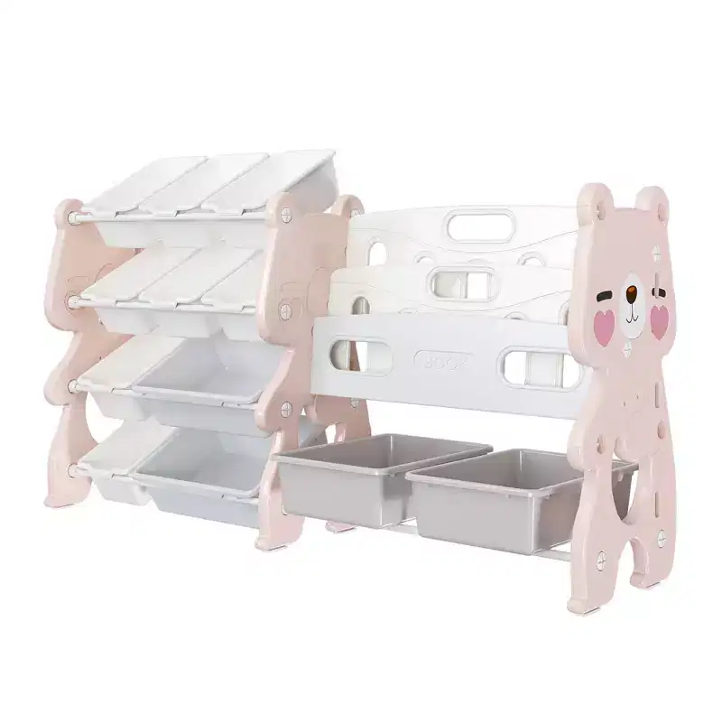 Kids Toy Storage Organizer, Pink Polyethylene Unit w/ 2-Tier Bookshelf & 12 Toy Bins (Playroom/Bedroom Classroom Organizer)