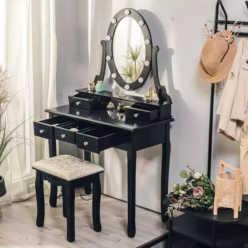Modern Makeup Vanity, Girls Vanity Set with Lighted Mirror and Cushioned Stool, Make Up Table with 5 Drawers