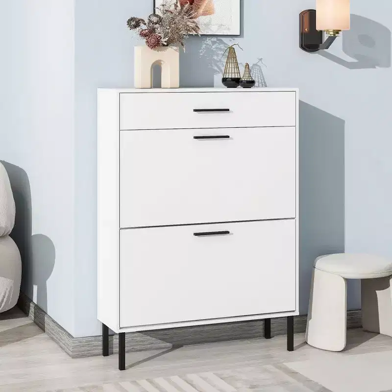 TUYOHW Shoe Cabinet with 2 Flip Drawers, Freestanding Entryway Storage Organizer with Metal Legs & Top Drawer,White